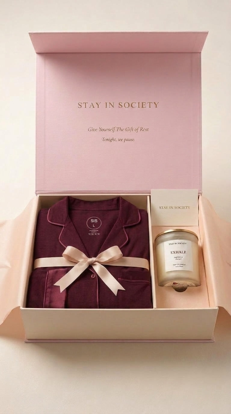 Stay In Society burgundy pajama set with satin piping and a scented candle in a luxury gift box.